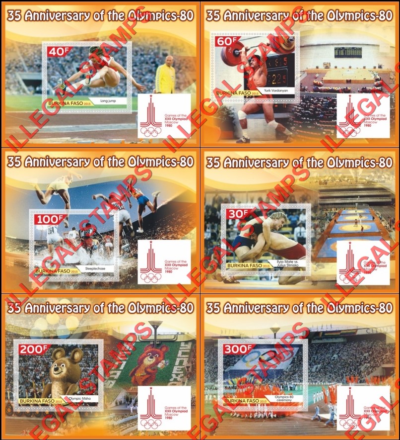 Burkina Faso 2015 Olympic Games in Moscow in 1980 Illegal Stamp Souvenir Sheets of 1